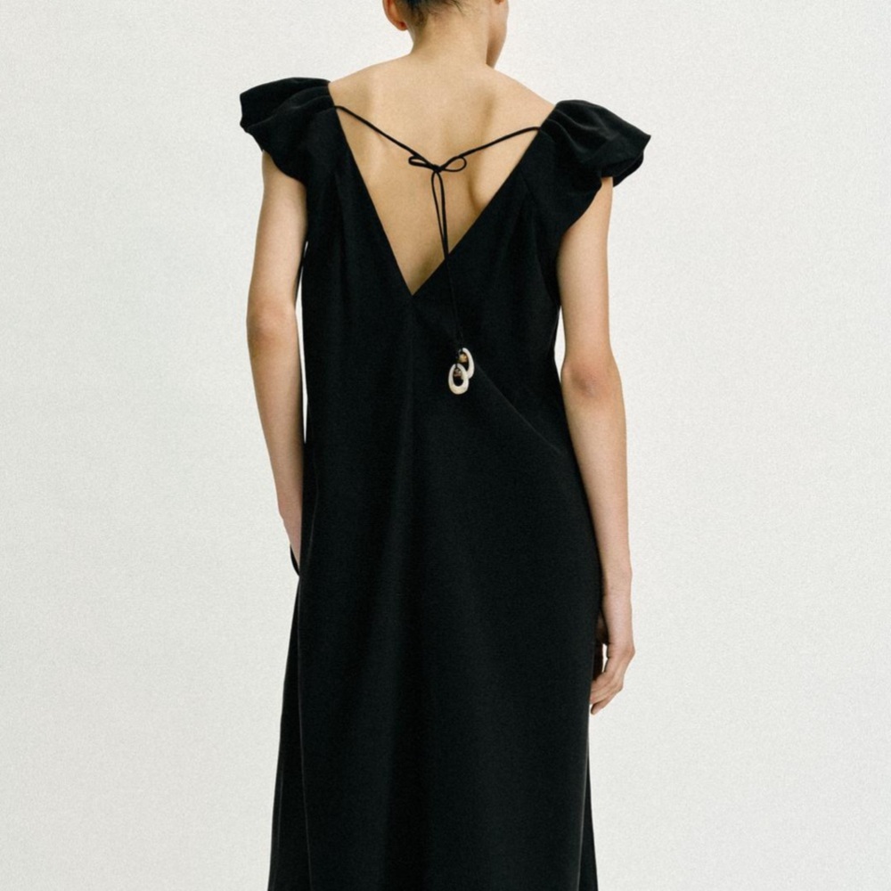Zara Black Backless Midi Dress with Tie and Ruffle Shoulders